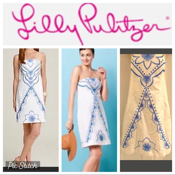 Lilly Pulitzer Dresses & Skirts - Lilly Pulitzer Bowen white strapless blue emb dres